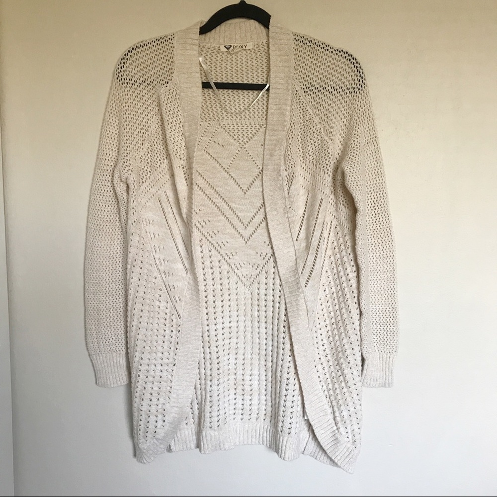 Roxy Marbled Cream Open Front Cardigan Sweater Size XS Beach Coastal